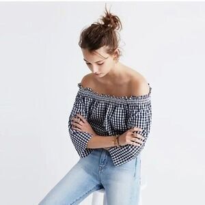 Madewell Smocked Navy Gingham Off-the-Shoulder Top Medium